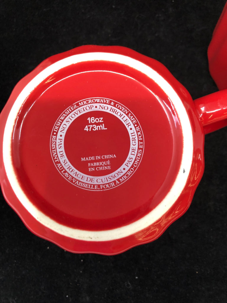 2 RED CERAMIC SOUP MUGS W/HANDLE.