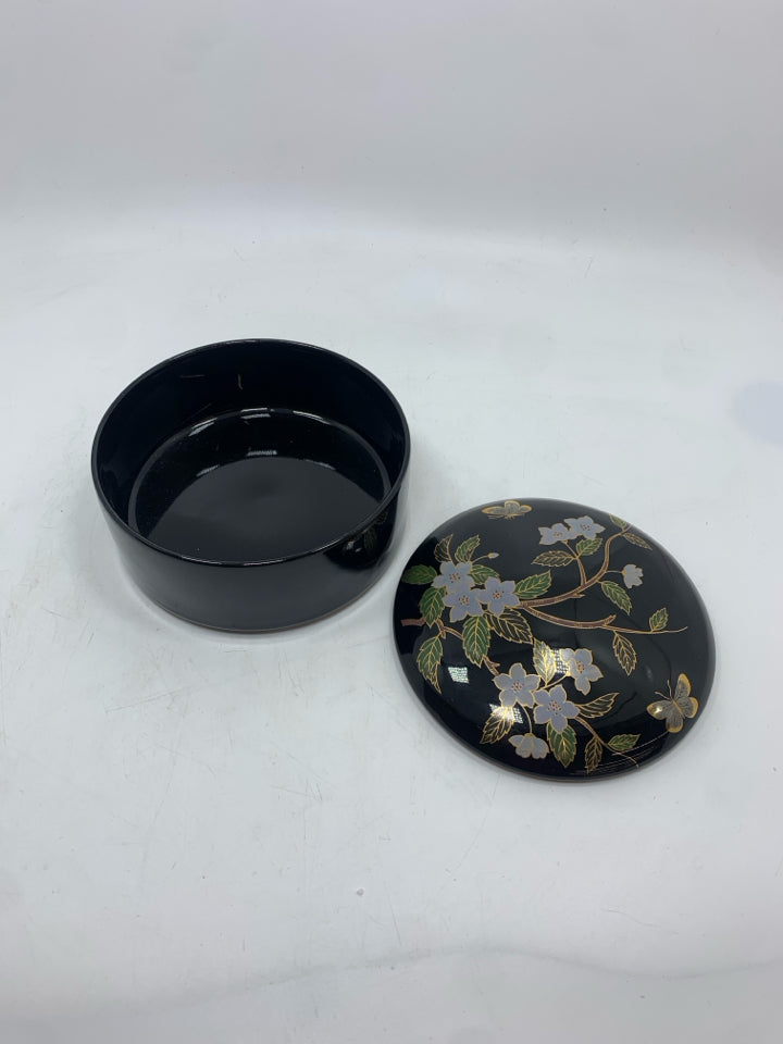 GILDED FLORAL BLACK CERAMIC TRINKET BOX.