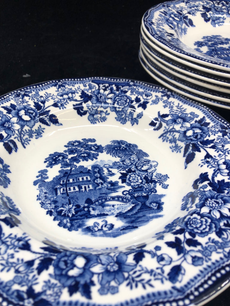 7 VTG BLUE/WHITE FLAT SOUP BOWLS.