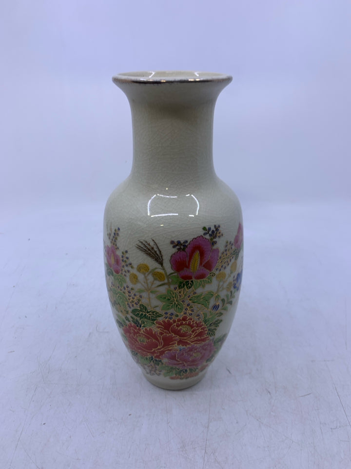 IVORY CRACKLE VASE W/ COLORFUL BOUQUET.