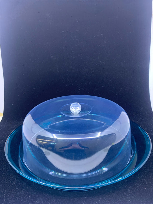 BLUE BASE W/ CLEAR DOME TOP PLASTIC CAKE PLATE.