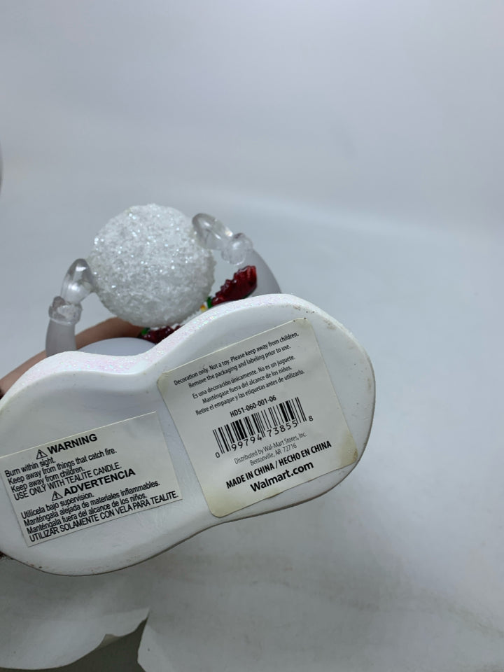 2 ACRYLIC SNOWMAN/WOMAN HOLDING TEA LIGHT HOLDER.