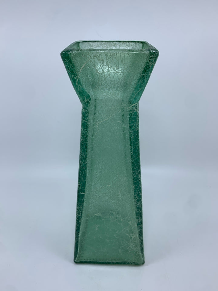 GREEN FROSTED GLASS VASE W/WHITE PAINT SPLATTER.