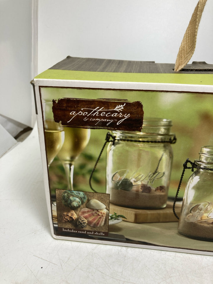 NIB 3 PC HANGING TEA LIGHT MASON JAR SET W/ SAND SHELLS.