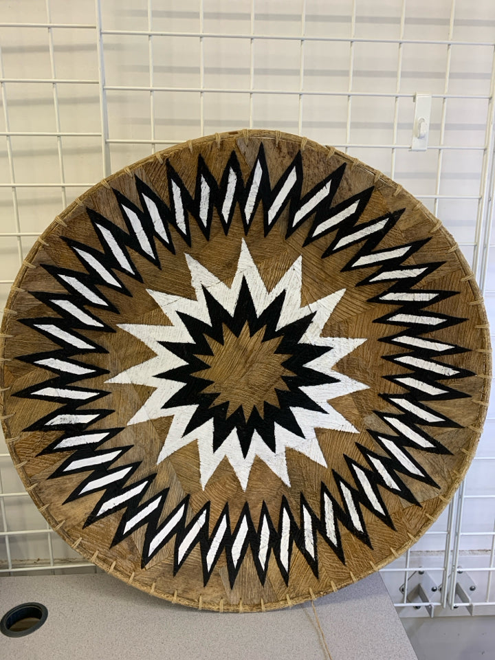 B&W PAINTED HAND WOVEN FLAT BASKET.