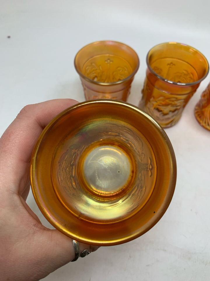 4 VTG CARNIVAL GLASS MARIGOLD EMBOSSED CHERRIES JUICE TUMBLERS.