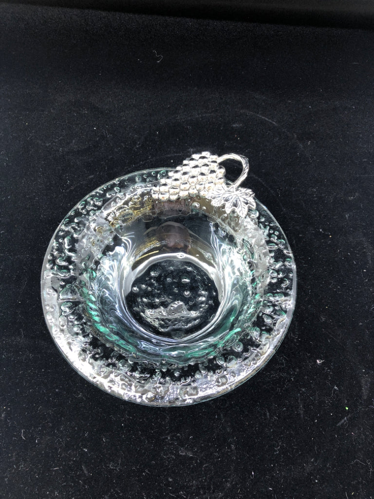 BLOWN GLASS BOWL W/SILVER GRAPES DETAIL.
