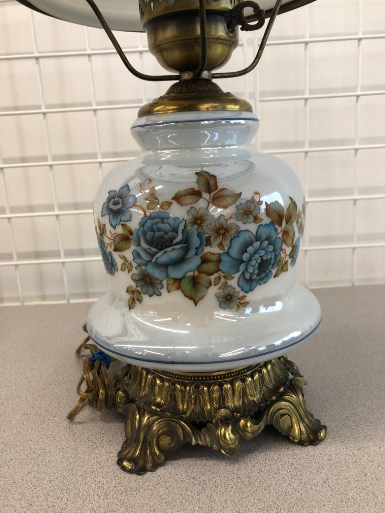 VTG BLUE ROSE MILK GLASS HURRICANE LAMP.