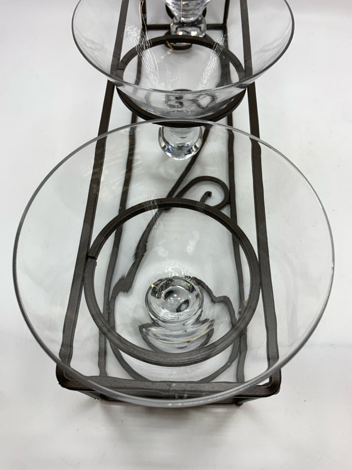 VTG BLACK METAL IRON CADDY W/GLASS CANDLE HOLDERS.