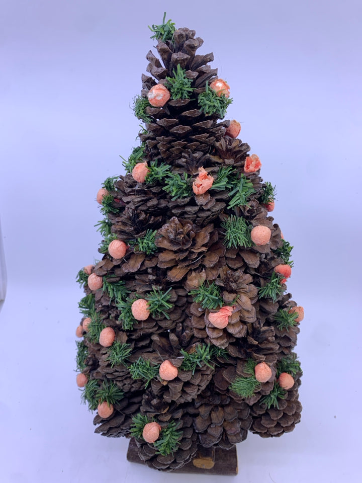 WOOD BASED PINECONE TREE W PINK BALLS.