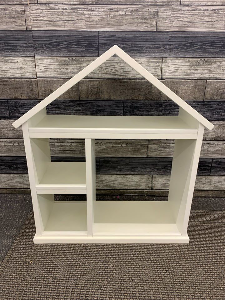 WHITE WOOD HOUSE SHAPED KIDS BOOK SHELF.