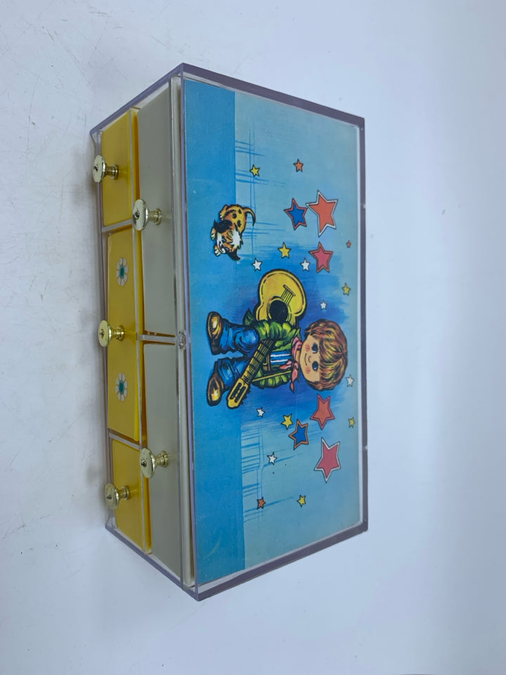VTG PLASTIC 5 DRAWER KIDS JEWELRY BOX W/ BOY HOLDING GUITAR BRITISH DESIGN REGIS