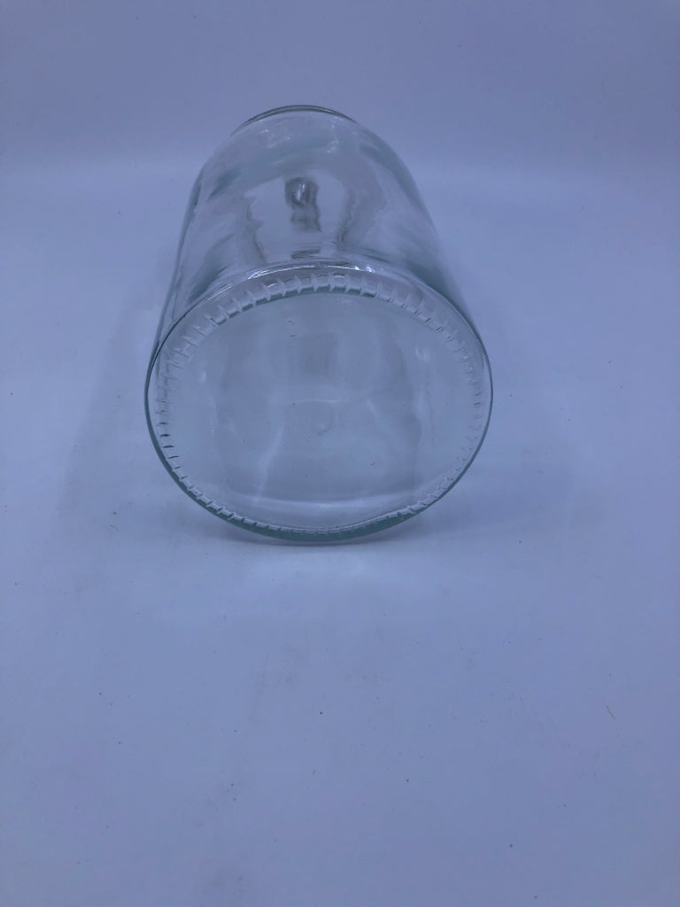 CLEAR GLASS CANISTER W/ HEART TOP HANDLE.