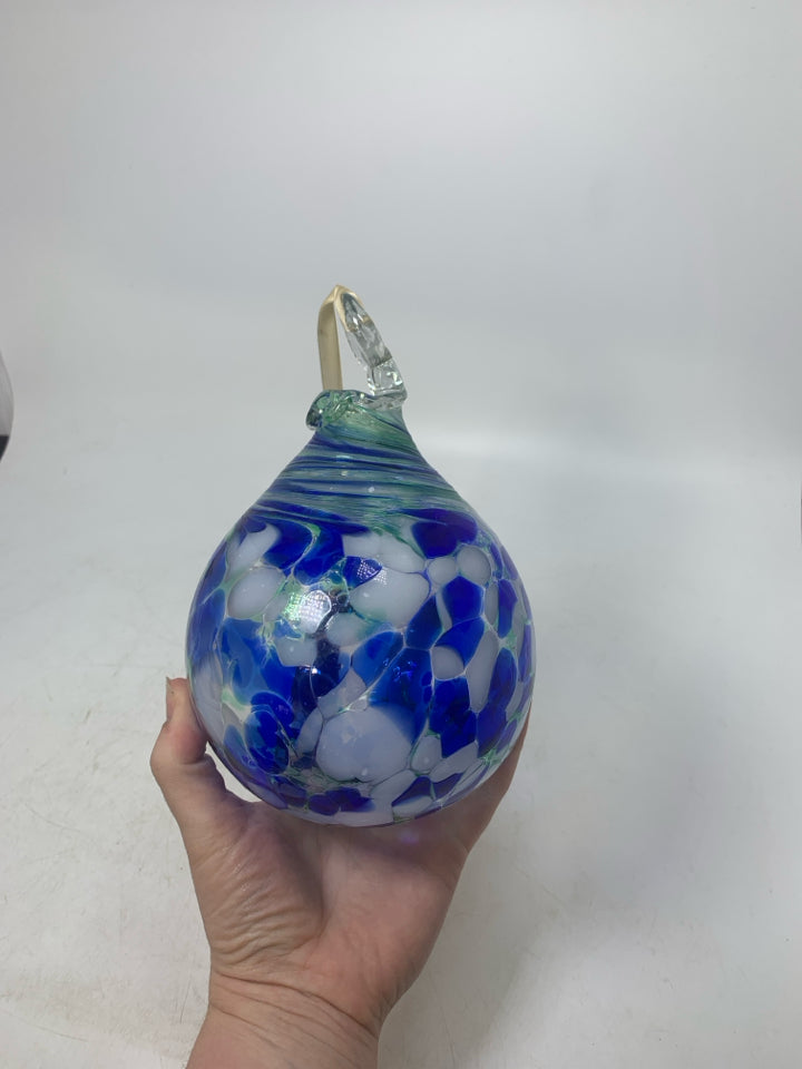GREEN BLUE WHITE BLOWN GLASS HANGING TEAR DROP ORB.