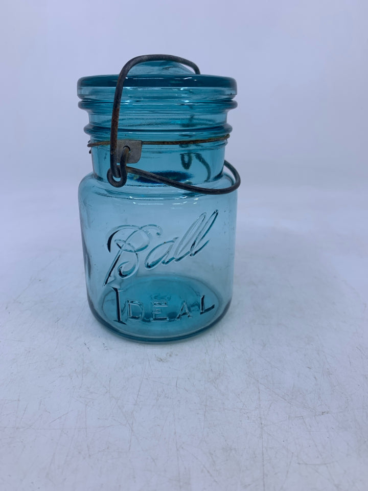 VTG BLUE GLASS BELL MASON JAR.