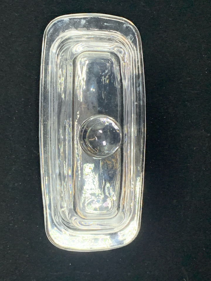 CLEAR GLASS COVERED BUTTER DISH.