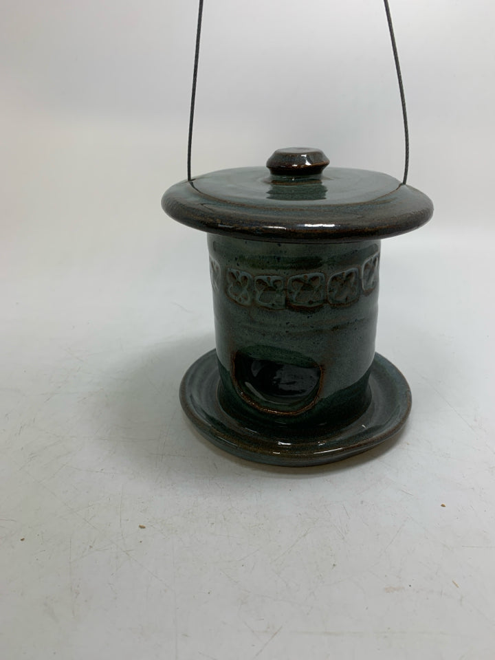 TEAL POTTERY HANGING BIRD FEEDER.