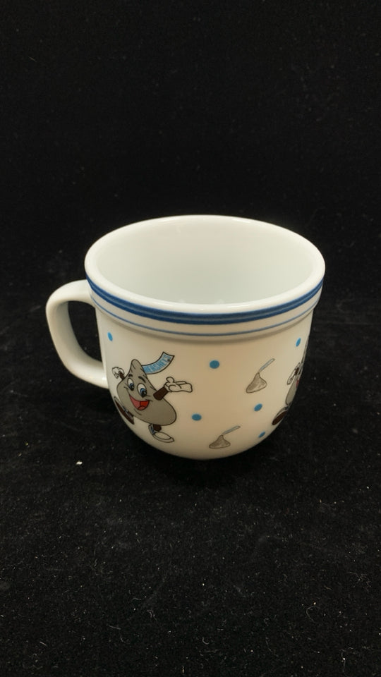 WHITE HERSHEY KISS MUG W BLUE RIM.