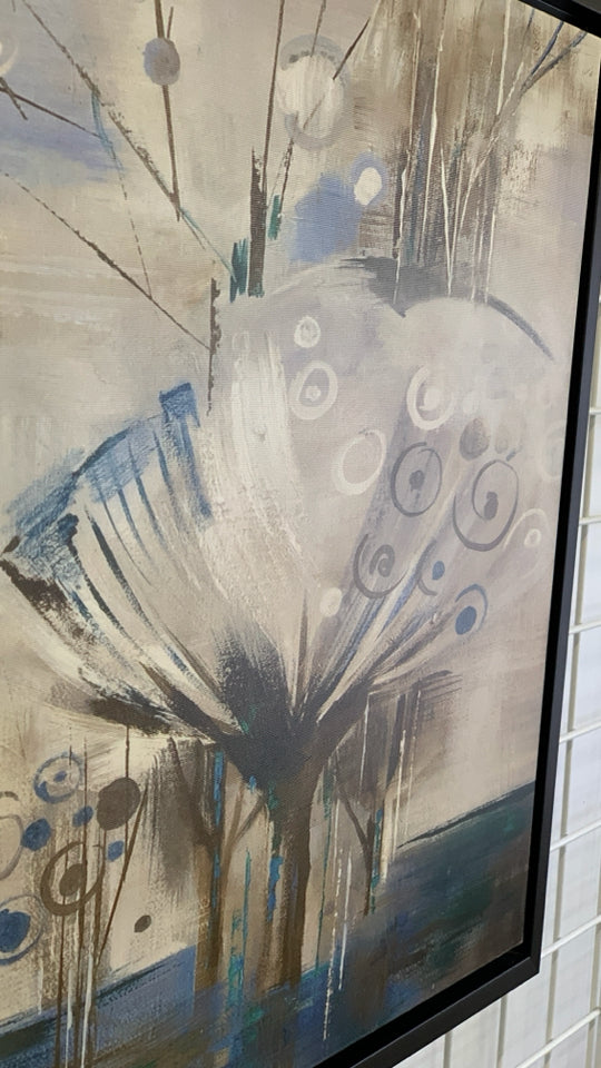 BROWN TEAL ABSTRACT CANVAS IN BLACK WOOD FRAME.