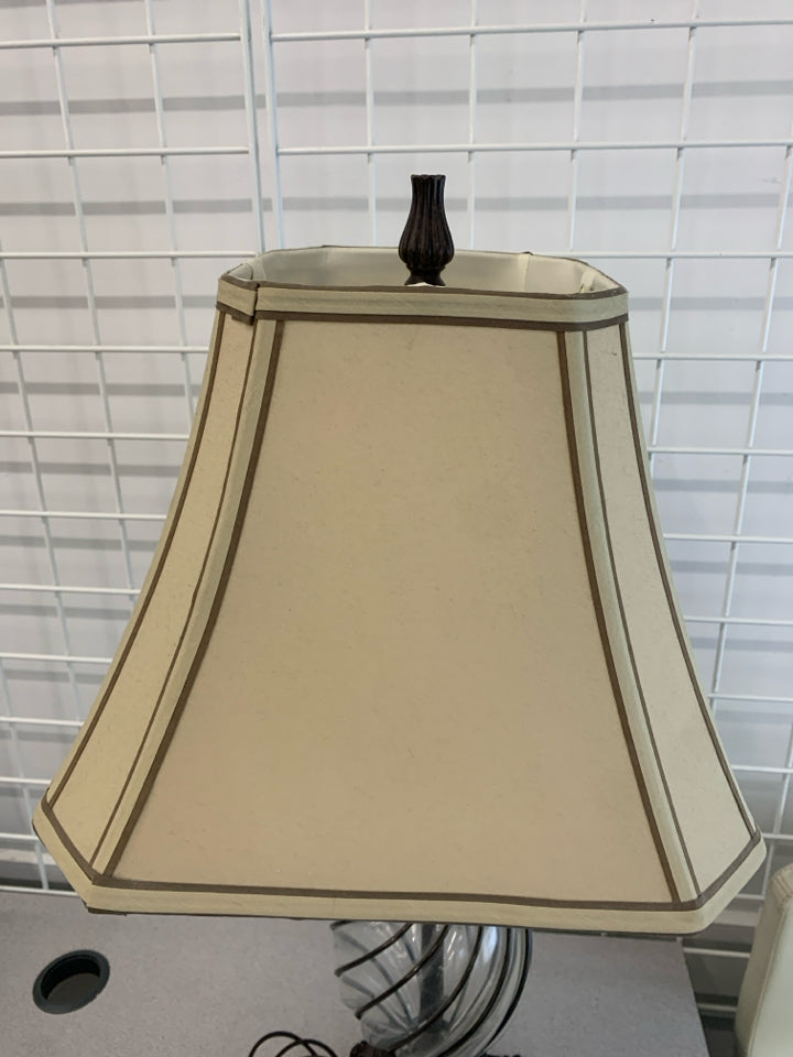 GLASS BALL AND GREY METAL BASE LAMP W/TAN SHADE.
