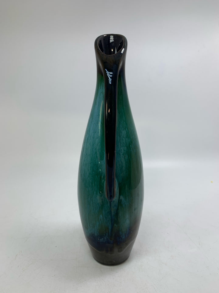 VTG DARK BROWN/TEAL GLAZE DRIP EWER.
