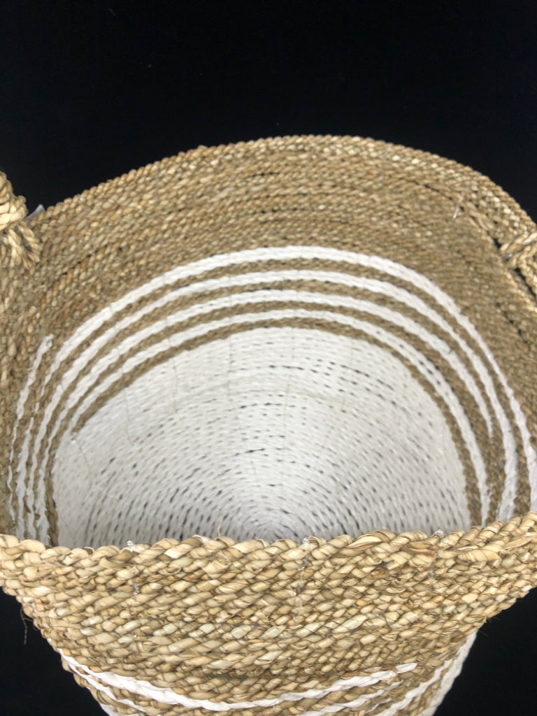 WHITE & BEIGE 2-TONED WICKER BASKET W/HANDLES MAX STUDIO.