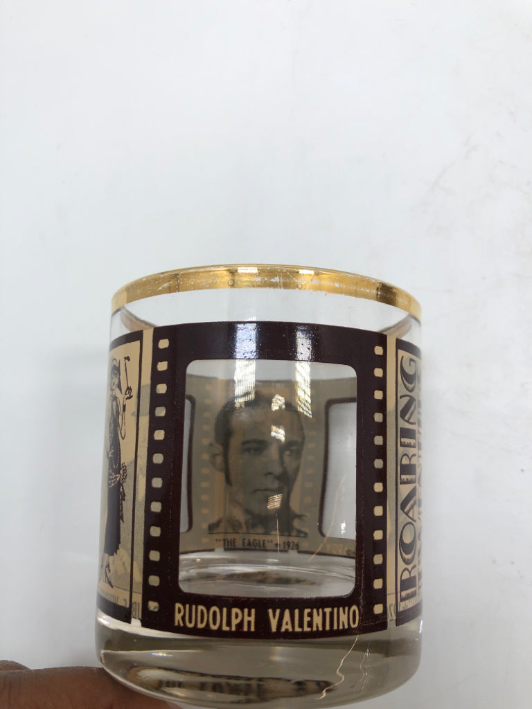 4 "ROARING TWENTIES" SILENT MOVIE STAR LOWBALL WHISKEY GLASSES.