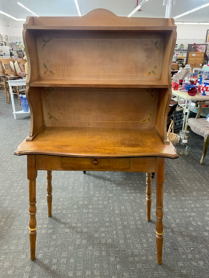 VTG WOOD HUTCH TABLE/ DESK- 3 SHELVES PAINTED LEAVES DETAIL.