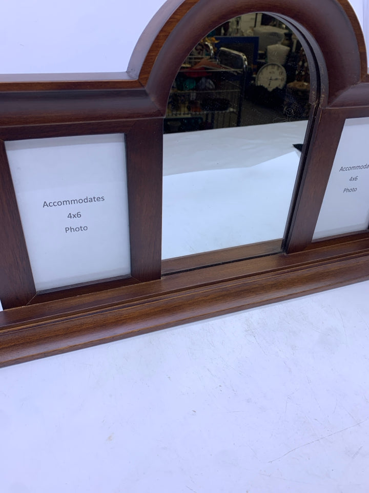 WOOD MIRROR AND 4X6 PHOTO FRAMES.