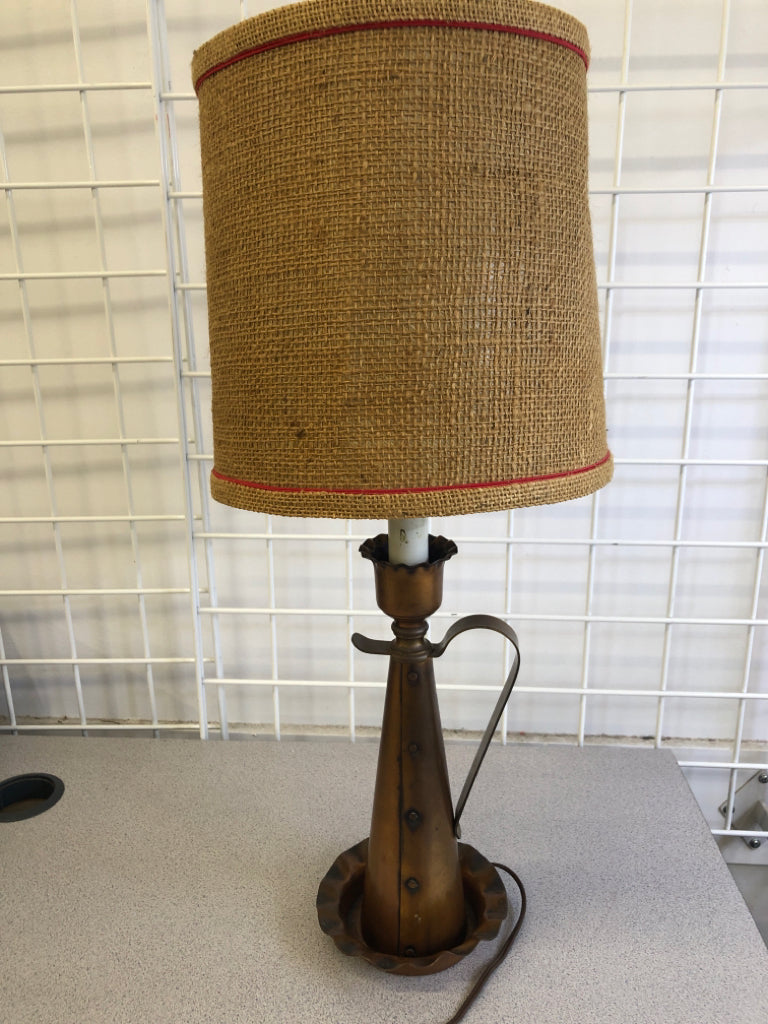 VTG STYLE COPPER LAMP W/BURLAP SHADE & RED STITCHING.