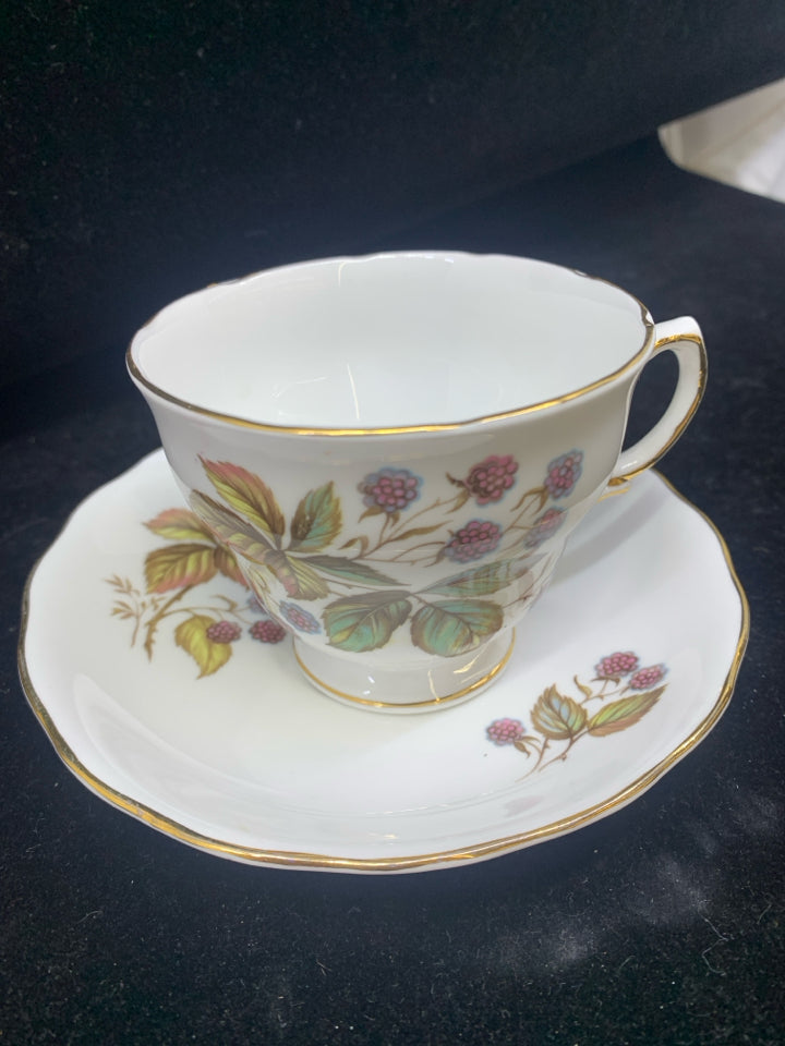 VTG PURPLE BERRY PATTER TEACUP AND SAUCER-ROYAL VALE.