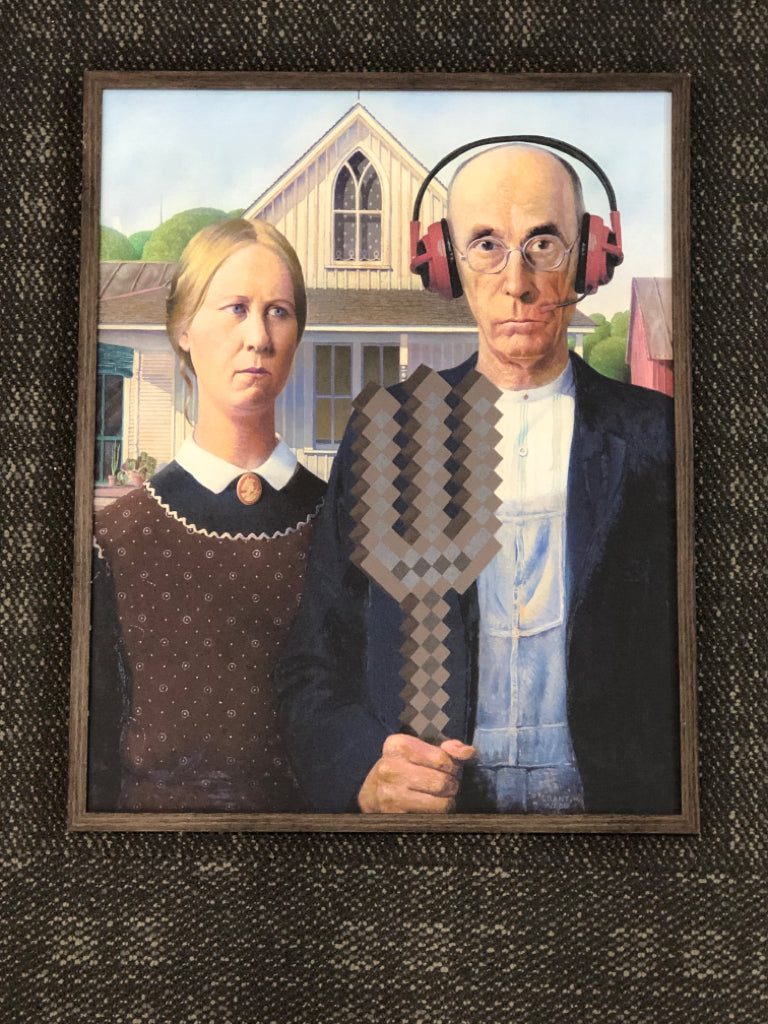 AMERICAN GOTHIC PRINT W/GAMING HEADPHONES.