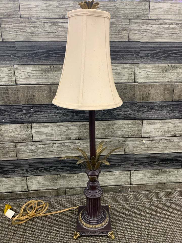 TALL SKINNY PALM TREE LIKE LAMP W TAN SHADE.