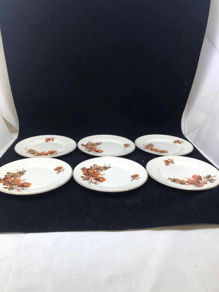 6pc BROWN AND RED FLORAL DESSERT PLATES.