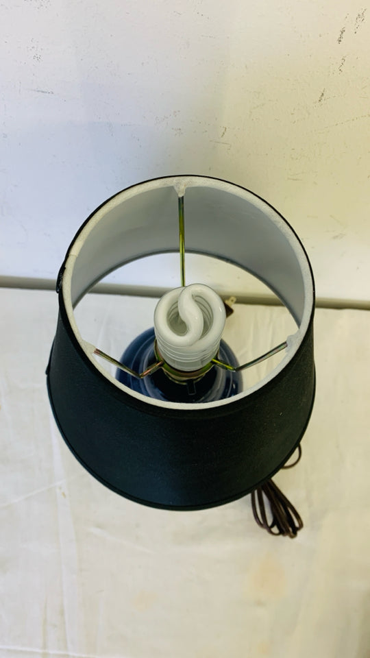 DARK BLUE CERAMIC BASE LAMP W BLACK SHADE.