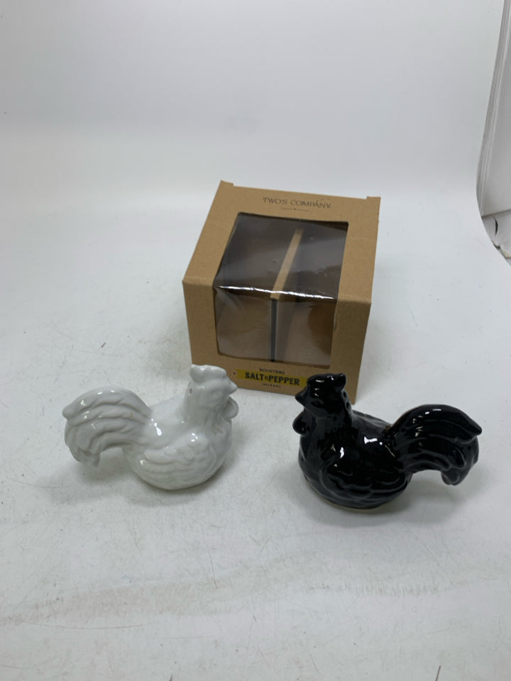 TWO'S COMPANY CERAMIC ROOSTER SALT/PEPPER IN BOX.