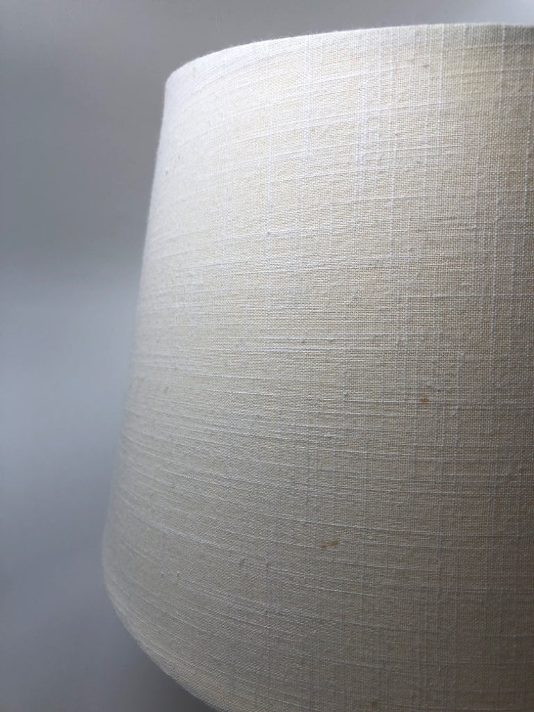SILVER LAMP W/ ROUND CREAM SHADE.