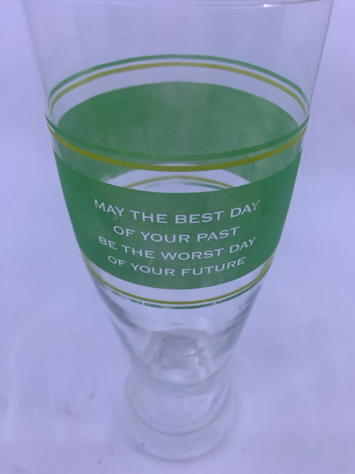 4 GREEN AND YELLOW QUOTED BEER GLASSES.