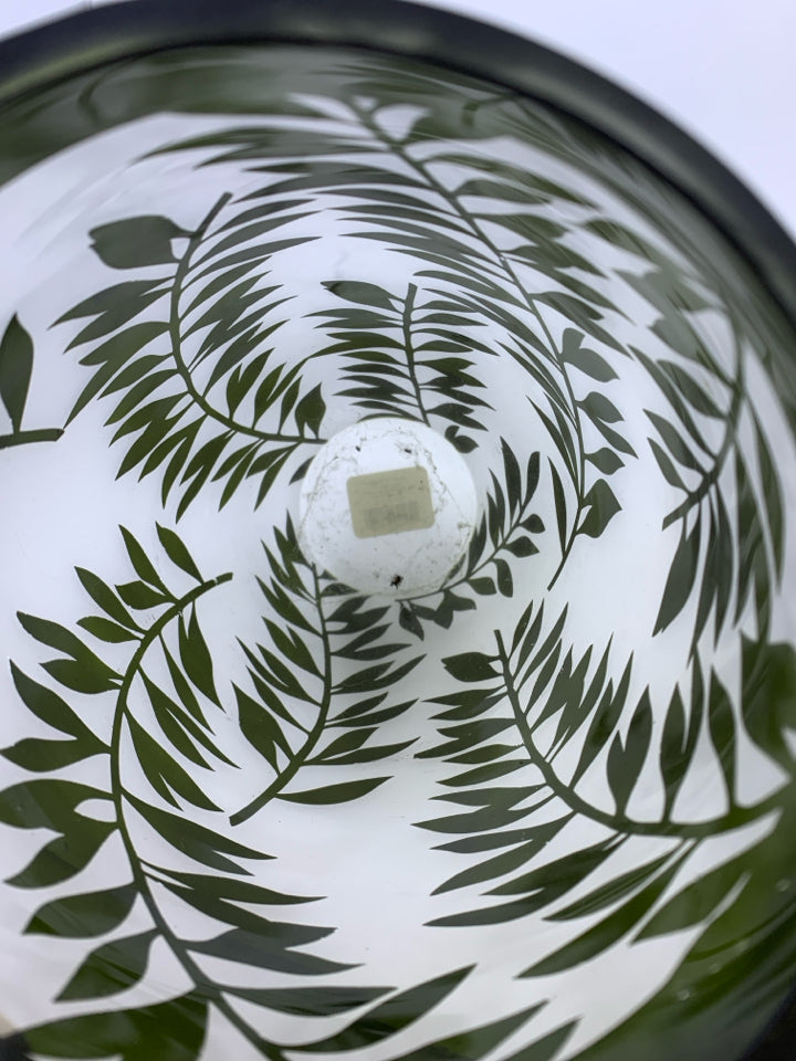 FROSTED GLASS VASE W/ GREEN LEAVES.
