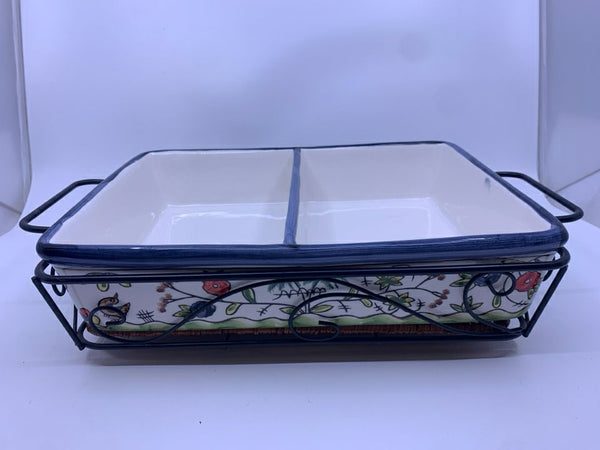 BIRDS + FLOWERS DIVIDED CASSEROLE IN STAND W/ HANDLE.