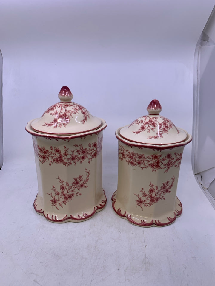2 IVORY & RED FLORAL CANISTERS.