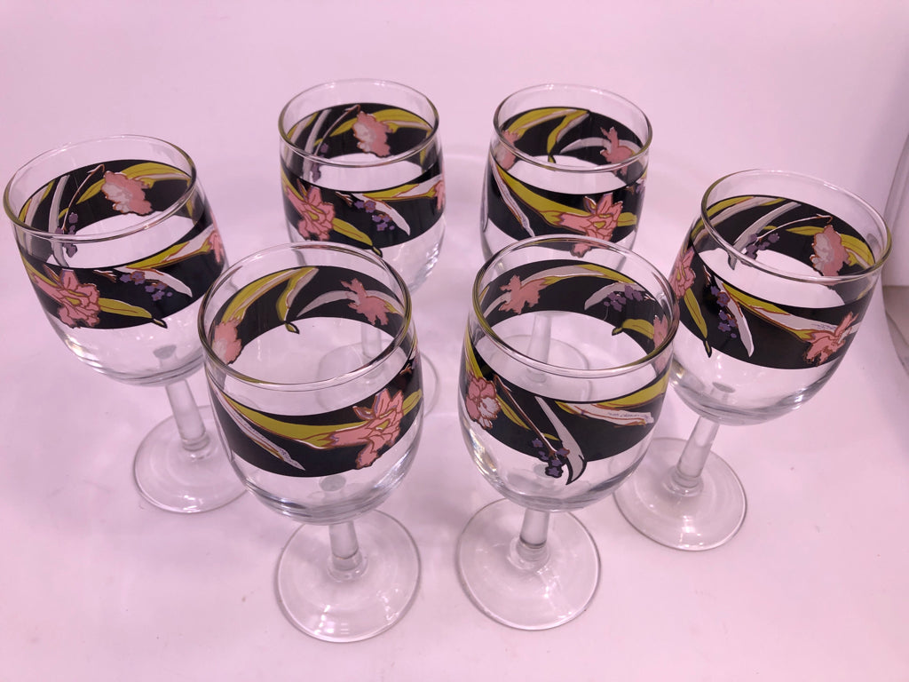 6 VTG WINE GLASS PINK/BLACK FLORAL.