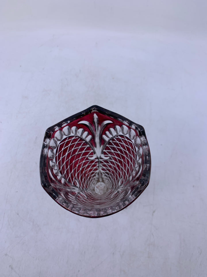 FOOTED RED/CLEAR CUT GLASS VASE.