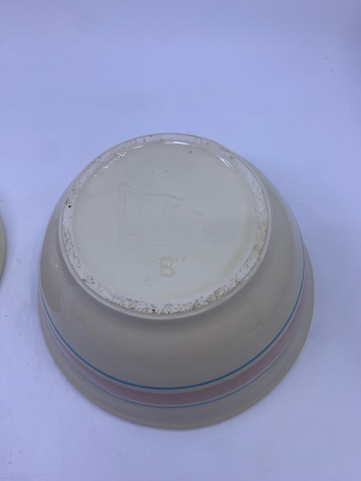 2 VTG OVENPROOF CREAM W/ PINK + BLUE STRIPE BOWLS.