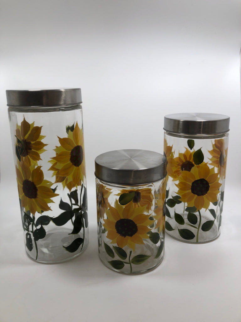 3PC SUNFLOWER PAINTED GLASS CANISTERS.