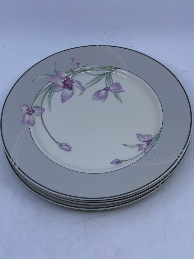 4 DINNER PLATES W GREY ACCENTS AND PURPLE FLORAL.