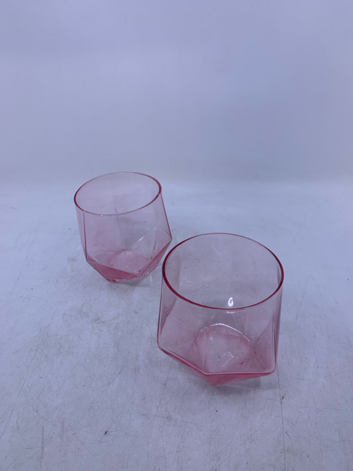2 STEMLESS PINK GEOMETRIC SHAPED WINE GLASSES.