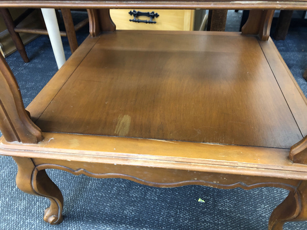 VTG WOOD SQUARE SIDE TABLE W MARBLE TOP AND BOTTOM SHELF.