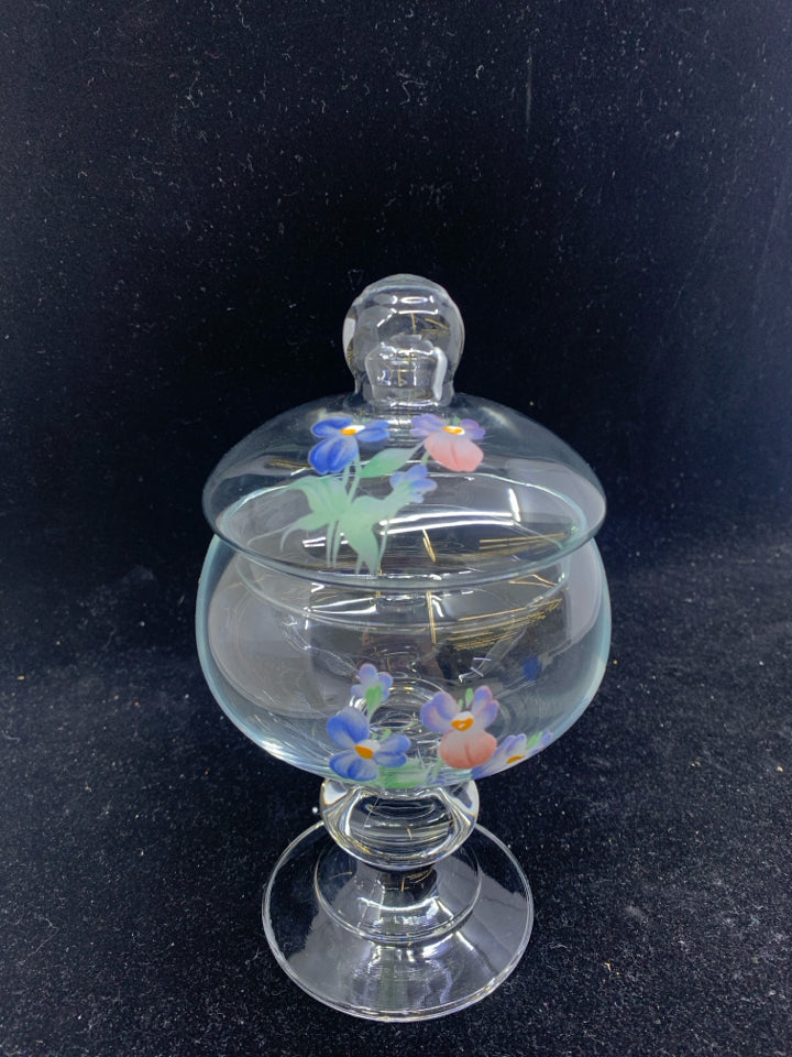 FLORAL PAINTED GLASS CANDY DISH WITH LID.