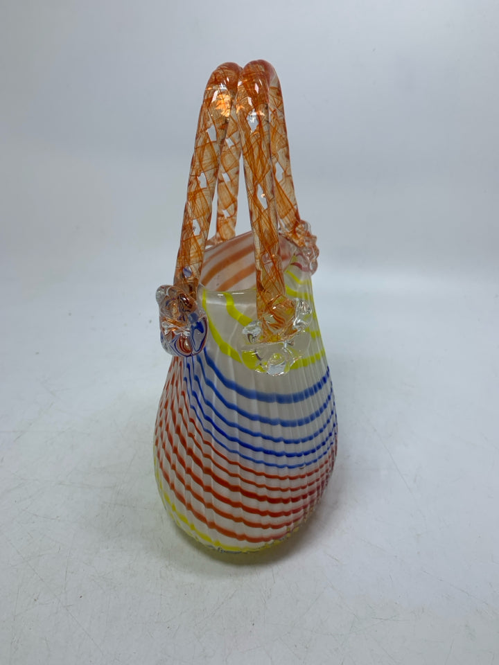 BLOWN GLASS COLORFUL STRIPED PURSE VASE.